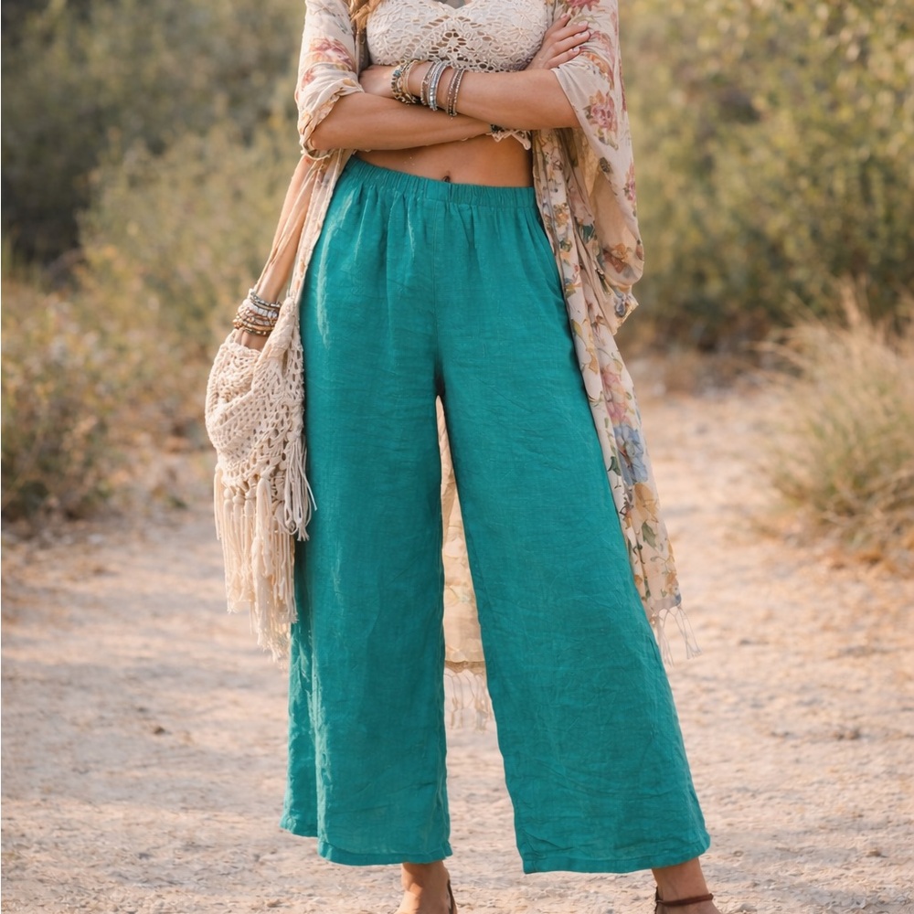 FLAX teal wide leg pants size medium